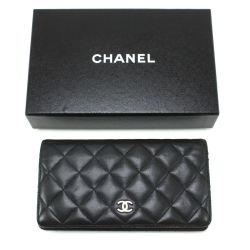 $$ CHANEL シャネル ココマークマトラッセ 2つ折り長財布 ブラック Cランク
