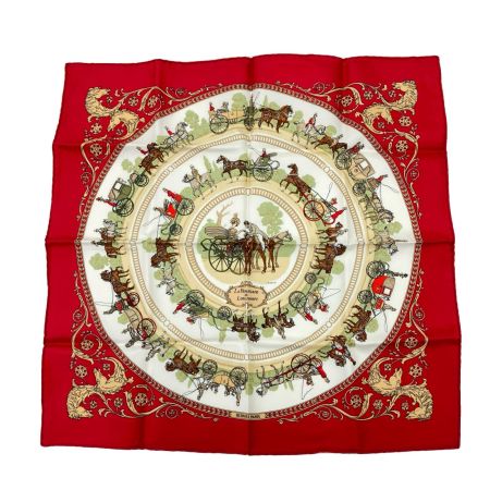  HERMES エルメス シルクスカーフ プチカレ42 ロンシャンへの散歩 レッド