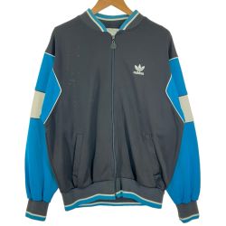 $$ adidas アディダス トレフォイル 刺繍ワンポイントロゴ ラインリブ トラックジャケット ブラック×ブルー Bランク