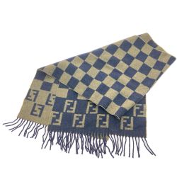 $$ FENDI フェンディ ズッカ柄マフラー ボックスチェック  ブラウン×ネイビー Bランク