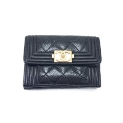 $$ CHANEL シャネル ボーイシャネル スモール フラップ ウォレット コンパクト 三つ折り財布 キャビアスキン  Cランク