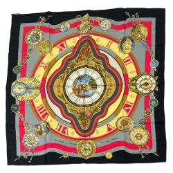 $$ HERMES エルメス カレ90 la ronde des heures 時ノ輪舞 ブラック×グレー Bランク