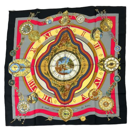  HERMES エルメス カレ90 la ronde des heures 時ノ輪舞 ブラック×グレー