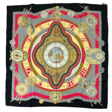  HERMES エルメス カレ90 la ronde des heures 時ノ輪舞 ブラック×グレー