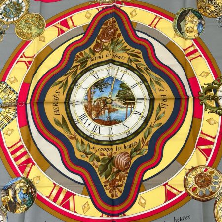  HERMES エルメス カレ90 la ronde des heures 時ノ輪舞 ブラック×グレー