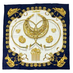 $$ HERMES エルメス エルメス カレ90 黄金の騎士 ネイビー×ホワイト Bランク
