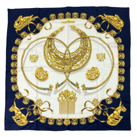  HERMES エルメス エルメス カレ90 黄金の騎士 ネイビー×ホワイト