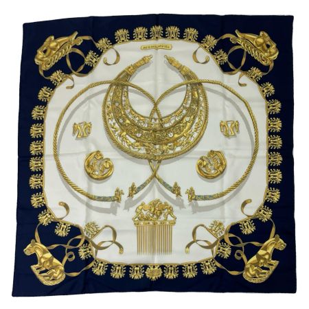  HERMES エルメス エルメス カレ90 黄金の騎士 ネイビー×ホワイト
