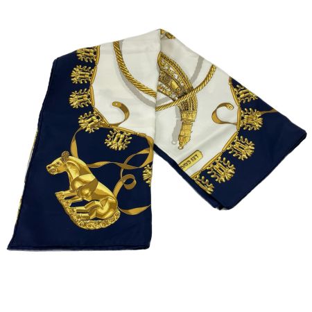  HERMES エルメス エルメス カレ90 黄金の騎士 ネイビー×ホワイト