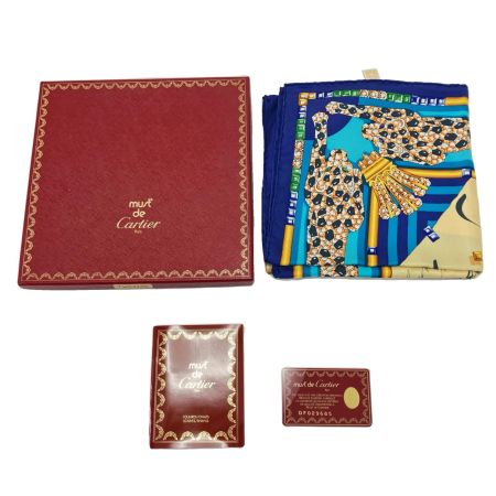  Cartier カルティエ シルク スカーフ 宝石 ベージュ×ブルー