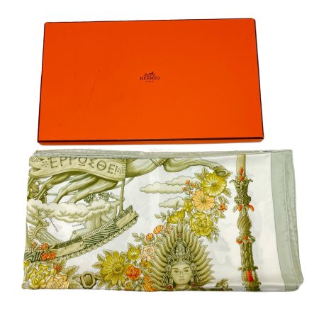  HERMES エルメス カレ90 新しい朝 ホワイト×グリーン