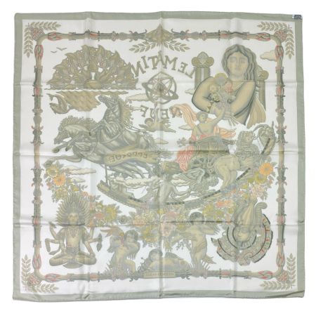  HERMES エルメス カレ90 新しい朝 ホワイト×グリーン