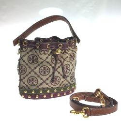 $$ TORY BURCH トリーバーチ バケットバッグ モノグラム ジャガードスタッズ2WAY ストラップ付 ブラウン Bランク
