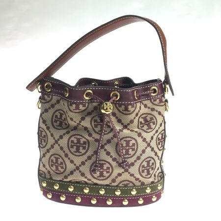  TORY BURCH トリーバーチ バケットバッグ モノグラム ジャガードスタッズ2WAY ストラップ付 ブラウン