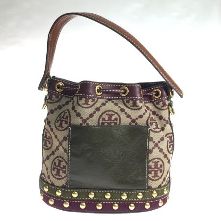  TORY BURCH トリーバーチ バケットバッグ モノグラム ジャガードスタッズ2WAY ストラップ付 ブラウン