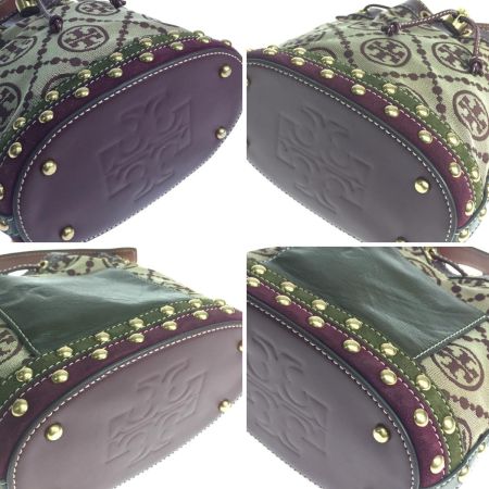  TORY BURCH トリーバーチ バケットバッグ モノグラム ジャガードスタッズ2WAY ストラップ付 ブラウン