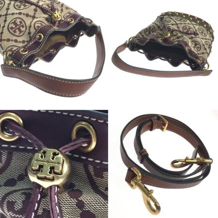  TORY BURCH トリーバーチ バケットバッグ モノグラム ジャガードスタッズ2WAY ストラップ付 ブラウン