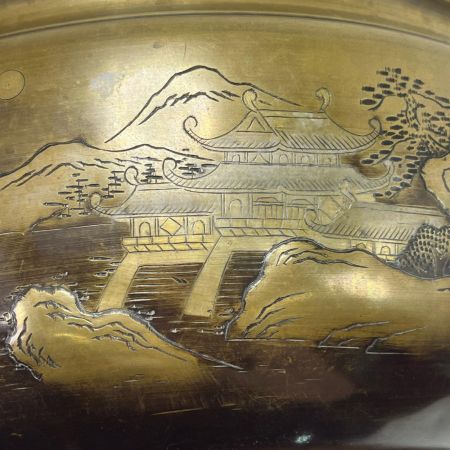   真鍮製 火鉢 彫金風景画