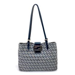 $$ FENDI フェンディ ズッキーノ ハンドバッグ ネイビー Bランク