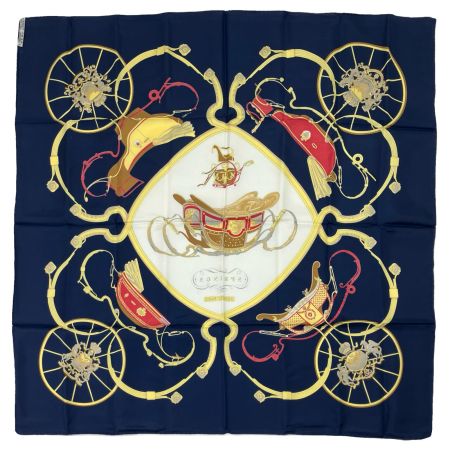  HERMES エルメス スカーフ カレ90 スプリング馬車 ネイビー