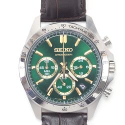 $$ SEIKO セイコー クロノグラフ メンズクォーツ 本体のみ レザー グリーン デイト 稼動品 8T63-00D0 Aランク