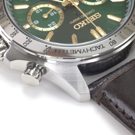  SEIKO セイコー クロノグラフ メンズクォーツ 本体のみ レザー グリーン デイト 稼動品 8T63-00D0