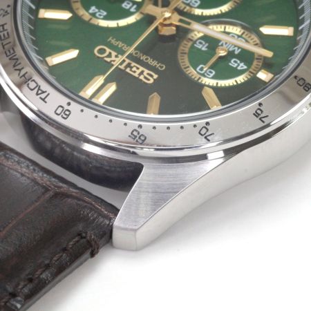  SEIKO セイコー クロノグラフ メンズクォーツ 本体のみ レザー グリーン デイト 稼動品 8T63-00D0