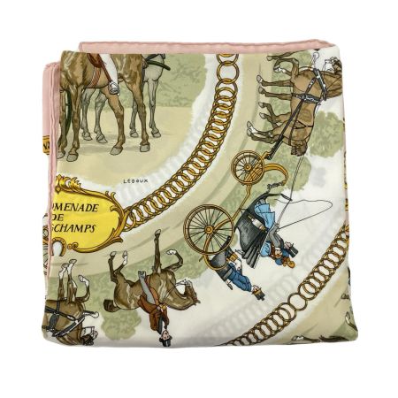  HERMES エルメス スカーフ カレ90 ロンシャンへの散歩 ピンク×ホワイト