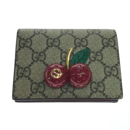  GUCCI グッチ 2つ折り財布 GGスプリーム チェリー ミニウォレット 石2個取れ 476050 ブラウン×レッド