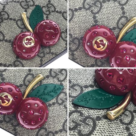  GUCCI グッチ 2つ折り財布 GGスプリーム チェリー ミニウォレット 石2個取れ 476050 ブラウン×レッド