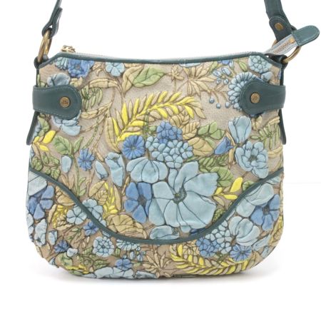  decobranche ショルダーバッグ レザー 花柄 グリーン×ブルー
