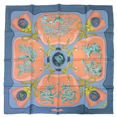  HERMES エルメス シルクスカーフ カレ90 TSUBAS グレー