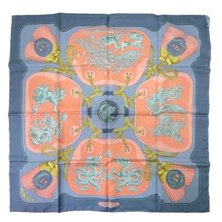  HERMES エルメス シルクスカーフ カレ90 TSUBAS グレー
