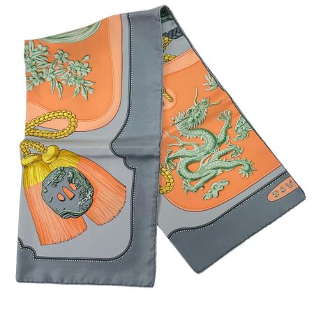  HERMES エルメス シルクスカーフ カレ90 TSUBAS グレー