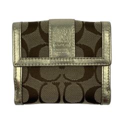 ▽▽ COACH コーチ 二つ折り財布　シグネャー ゴールド×ベージュ Aランク