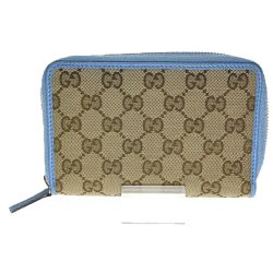 ▽▽ GUCCI グッチ ラウンドファスナー　二つ折り財布 420113 ベージュ×スカイブルー Bランク