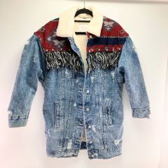  ZARA ザラ レディース フリンジ ネイティブ柄 ダメージ加工 Gジャン SIZE S Cランク