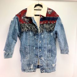 ▽▽ ZARA ザラ レディース フリンジ ネイティブ柄 ダメージ加工 Gジャン SIZE S Cランク