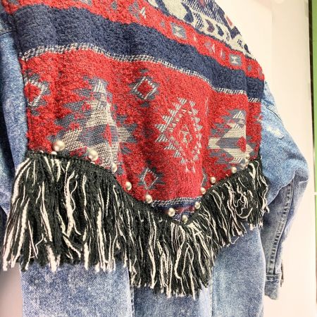  ZARA ザラ レディース フリンジ ネイティブ柄 ダメージ加工 Gジャン SIZE S