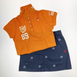 ▽▽ PEARLY GATES パーリーゲイツ レディース ゴルフウェア オレンジ ポロシャツ ネイビー スカート セット Bランク