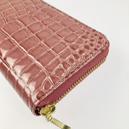  Takano 鎌倉高野 長財布 ラウンドファスナー クロコ型押し エナメル ピンク