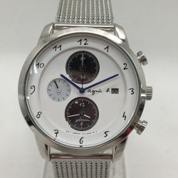 ▼▼ agnes b アニエスベ ソーラークオーツ クロノグラフ バックル不良 v172-kkc0 シルバー×ホワイト Bランク