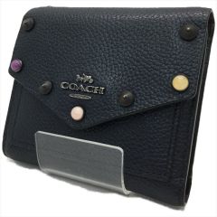  COACH コーチ レディース 三つ折り財布 リベット ポリッシュド ぺブル レザー スモール 67131 ネイビー Aランク