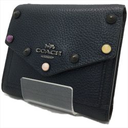 ▼▼ COACH コーチ レディース 三つ折り財布 リベット ポリッシュド ぺブル レザー スモール 67131 ネイビー Aランク