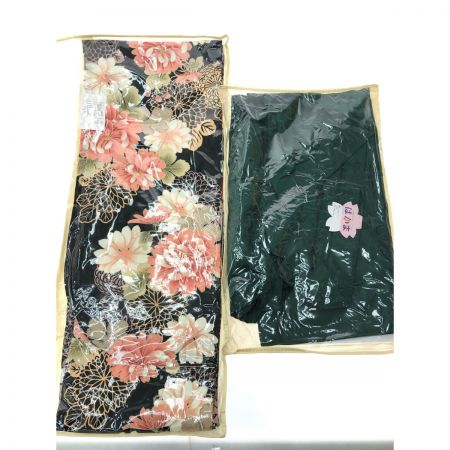   Hakama Collection 二尺袖 小振袖 袴セット 黒地/菊×緑無地袴 化繊 卒業式