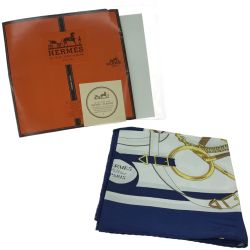 ▼▼ HERMES エルメス スカーフ Eperon d’or 黄金の拍車 ホワイトｘネイビー Aランク