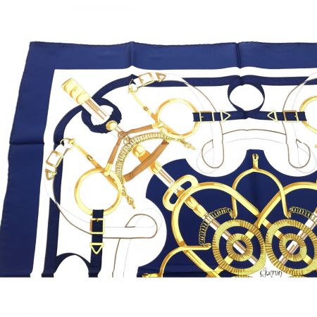  HERMES エルメス スカーフ Eperon d’or 黄金の拍車 ホワイトｘネイビー