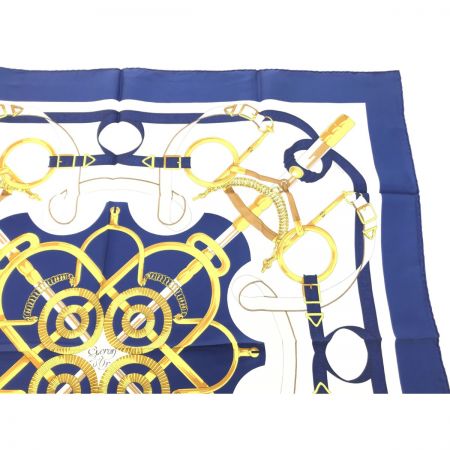  HERMES エルメス スカーフ Eperon d’or 黄金の拍車 ホワイトｘネイビー