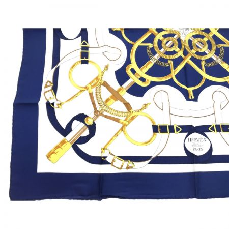  HERMES エルメス スカーフ Eperon d’or 黄金の拍車 ホワイトｘネイビー