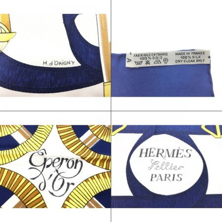  HERMES エルメス スカーフ Eperon d’or 黄金の拍車 ホワイトｘネイビー